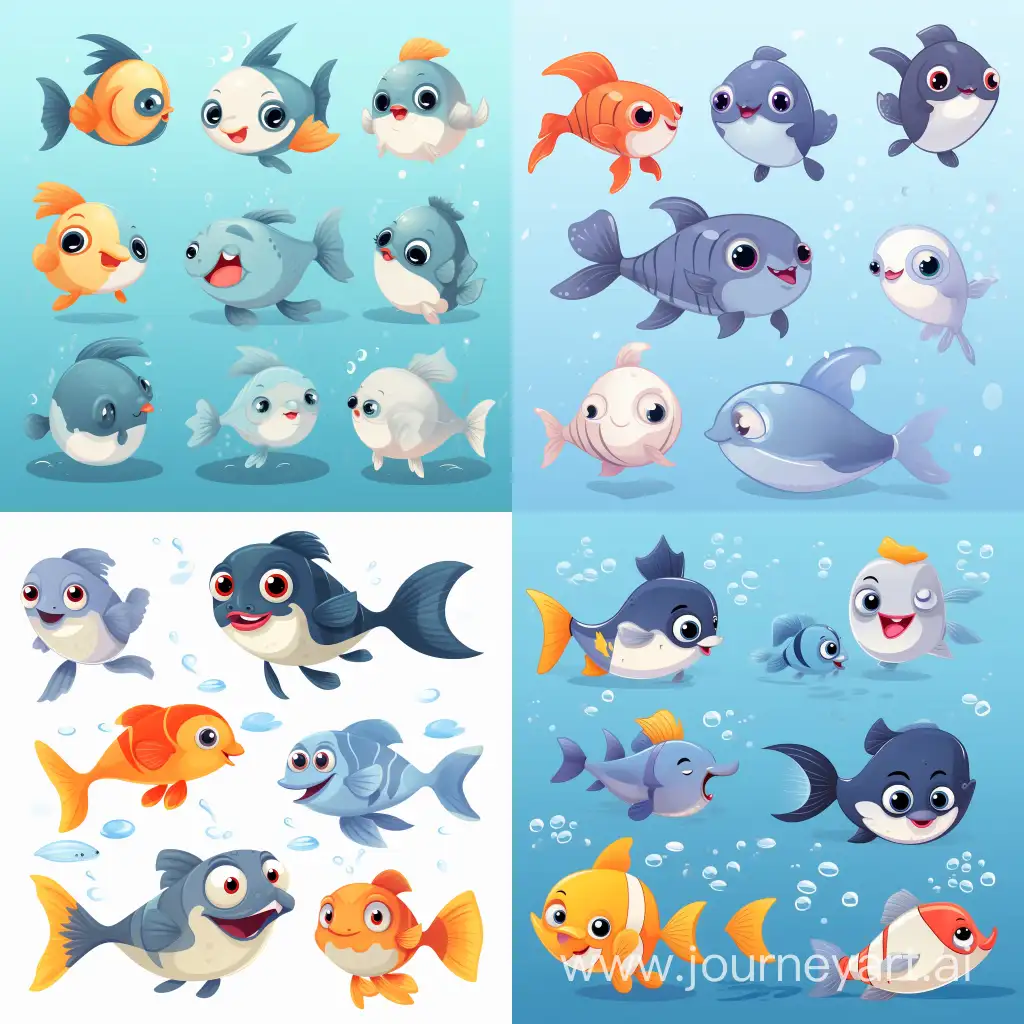 cute penguins and fishes, in cartoon style