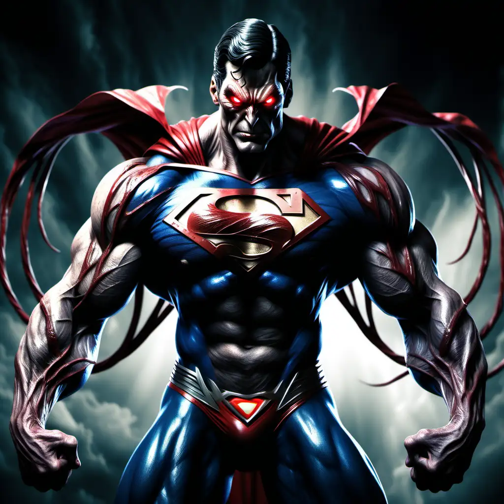 create an image of an evil demon superman with extremely large muscles and veins and one red eye