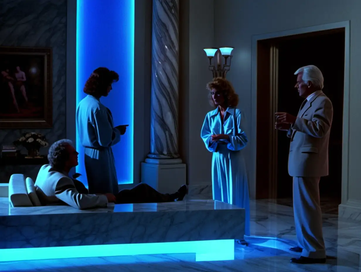 footage from 1980s sci-fi film, domestic scene, living room made of marble, blue lit, people talking
