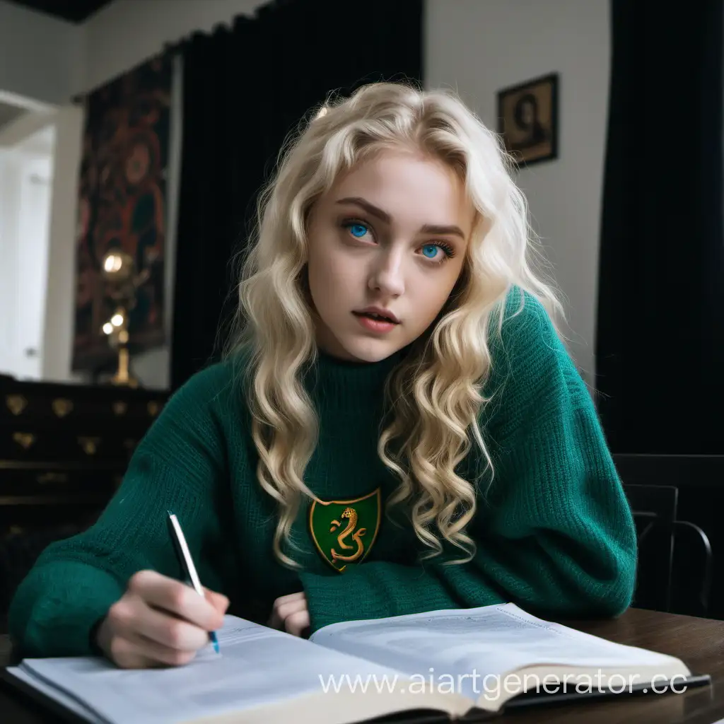 a young beautiful attractive girl with blue eyes with blonde hair in a sweater is sitting at a table doing homework and a guy with dark black curly hair is sitting next to her on the bed, Slytherin room