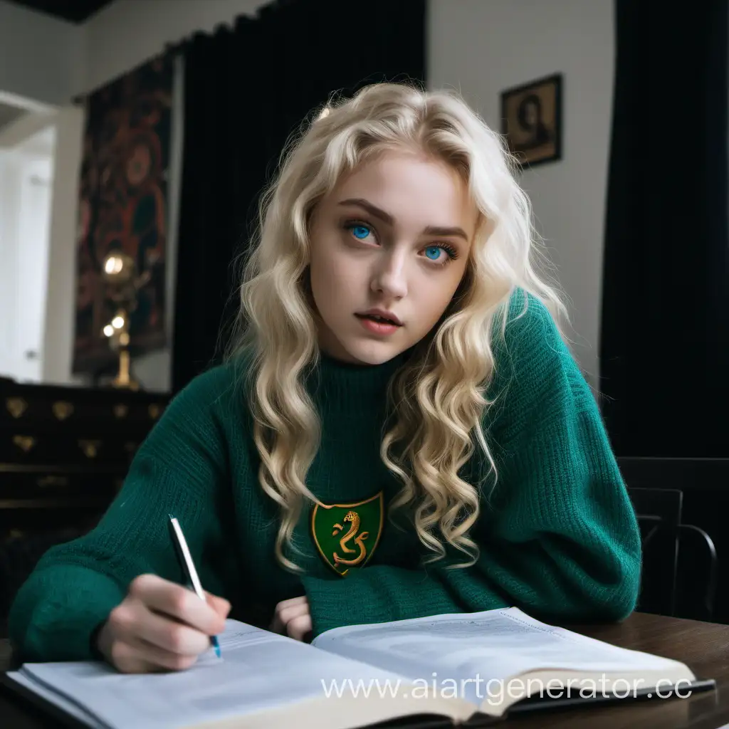 Studious-Couple-Young-Girl-and-Guy-with-Black-Curly-Hair-Doing-Homework-in-Slytherin-Room