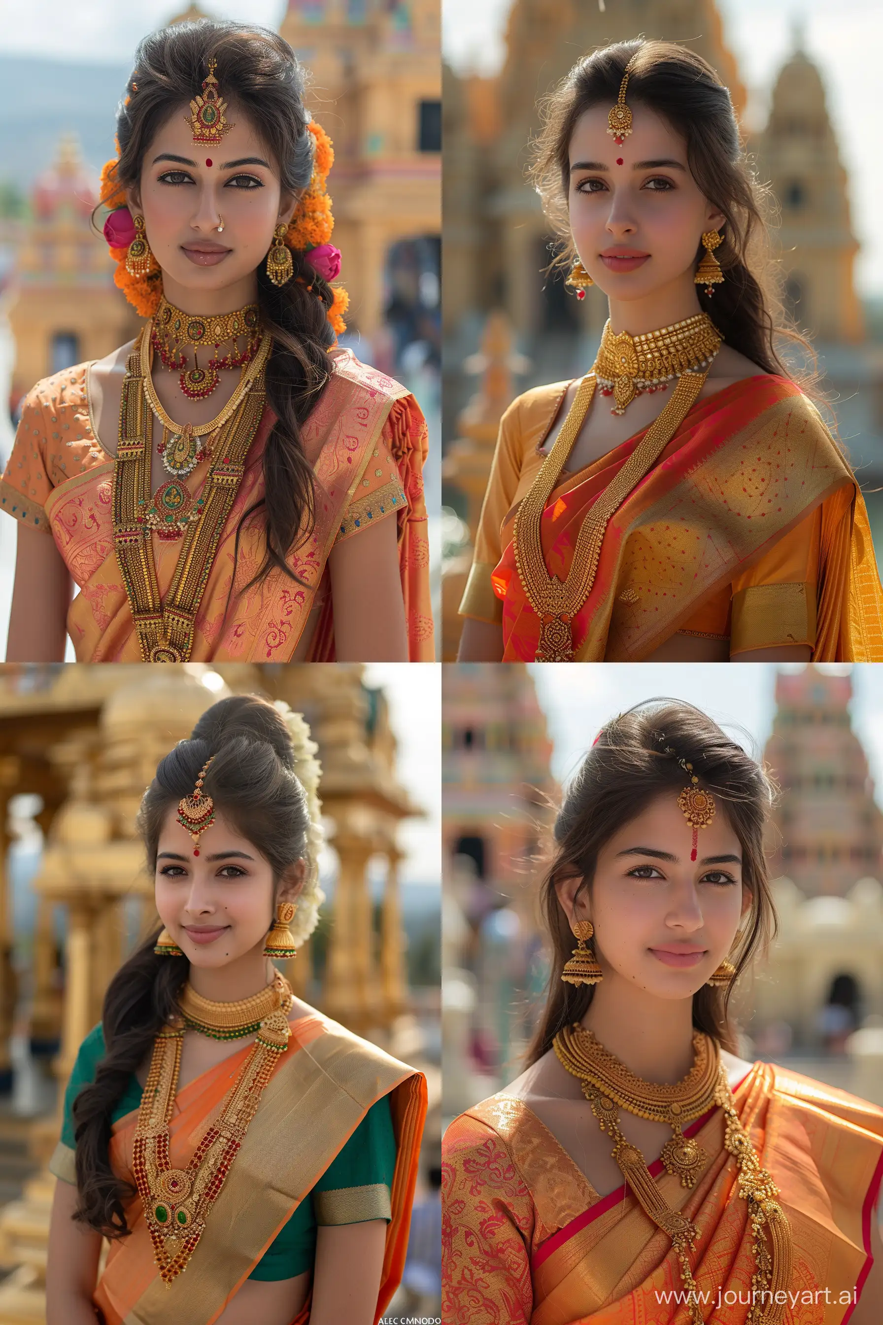 a beautiful , young and decent women in traditional south indian attire with the background of temple by Alec Monopoly --ar 2:3 --style raw --stylize 750 --v 6 --v 6 --ar 3:4 --no 33089