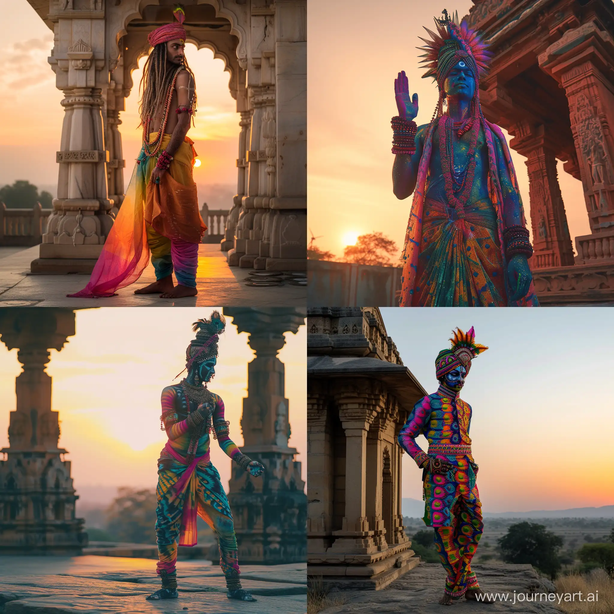 Vibrant-Kaliboy-in-Colorful-India-Standing-by-Old-Temple-at-Sunset