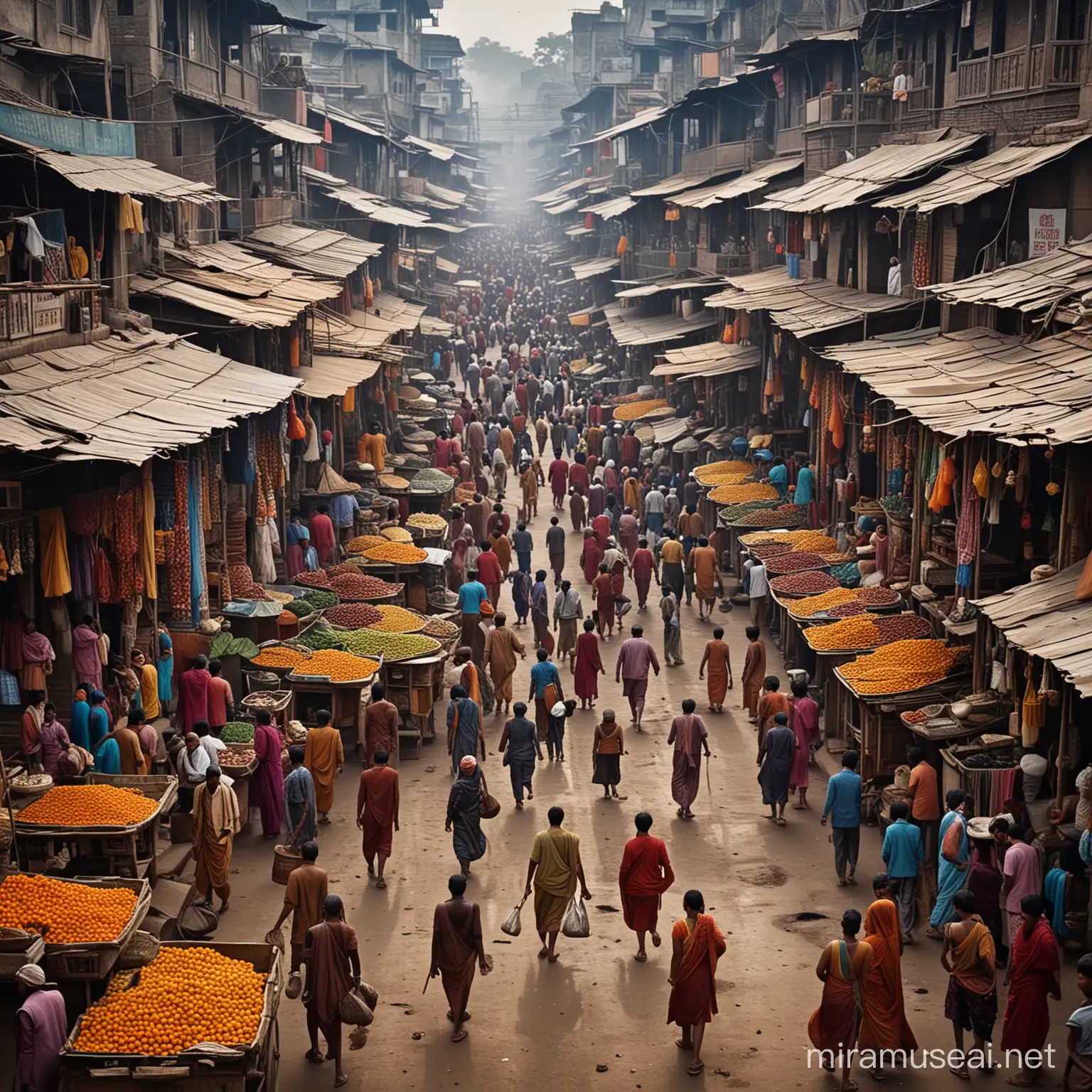 A bustling marketplace in India, captured in the vibrant and dramatic style of Steve McCurry.