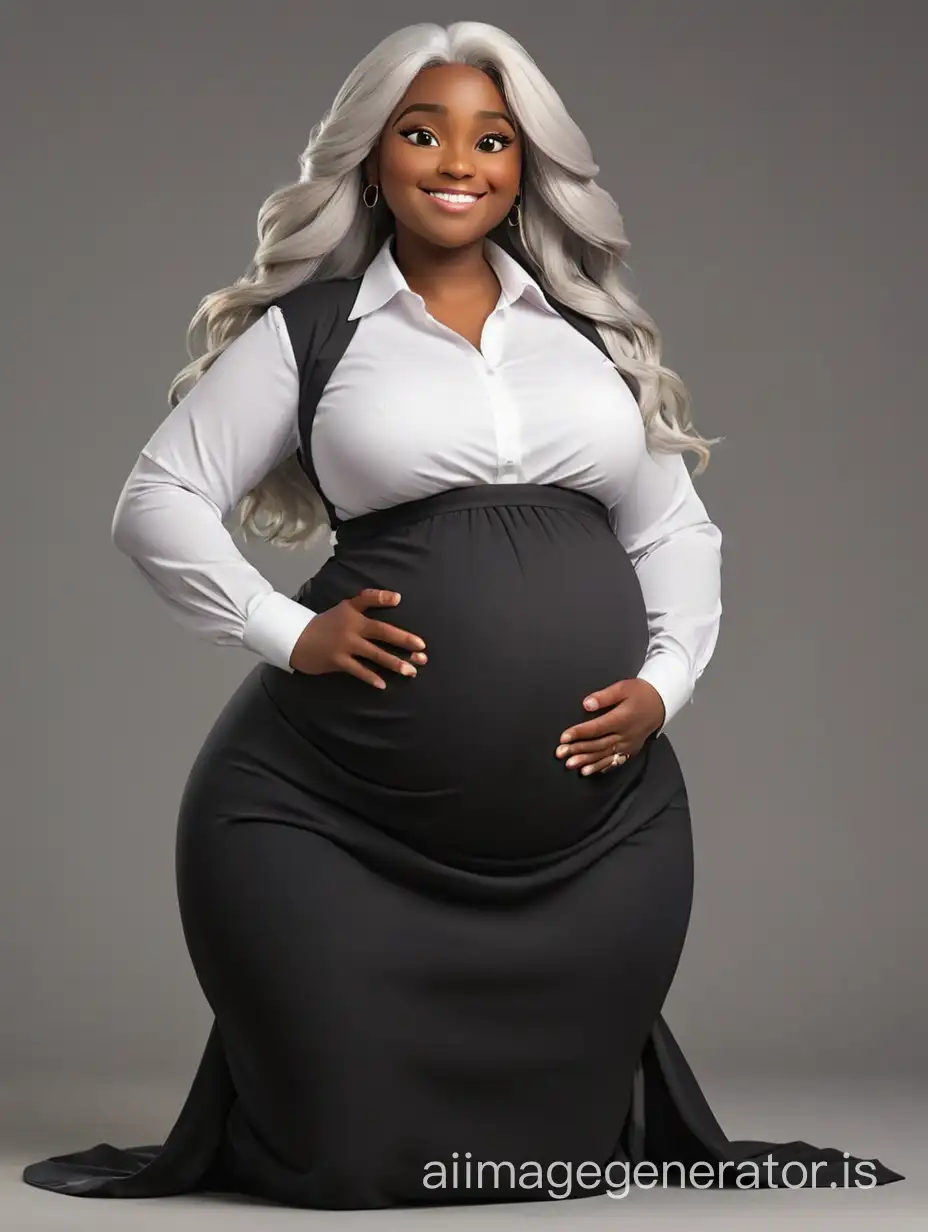 Rapunzel, with dark skin, white hair, pregnant, with a big belly, the strongest happiness on her face, white shirt under the black suit, in a black business manager suit, wide hips, hourglass figure, three angles, collage