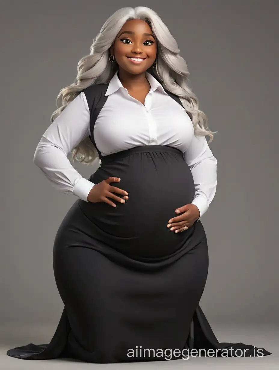 Rapunzel, with dark skin, white hair,  pregnant, with a big belly, the strongest happiness on her face, white shirt under the black suit, in a black business manager suit, wide hips, hourglass figure, three angles, collage 
