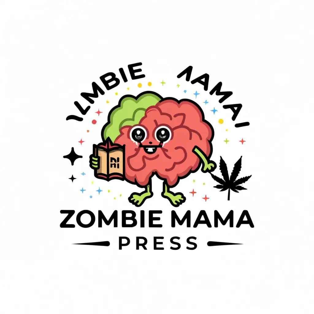 a logo design,with the text "zombie mama press", main symbol:brain, cute zombie, rainbow, cannabis,Minimalistic,be used in Retail industry,clear background