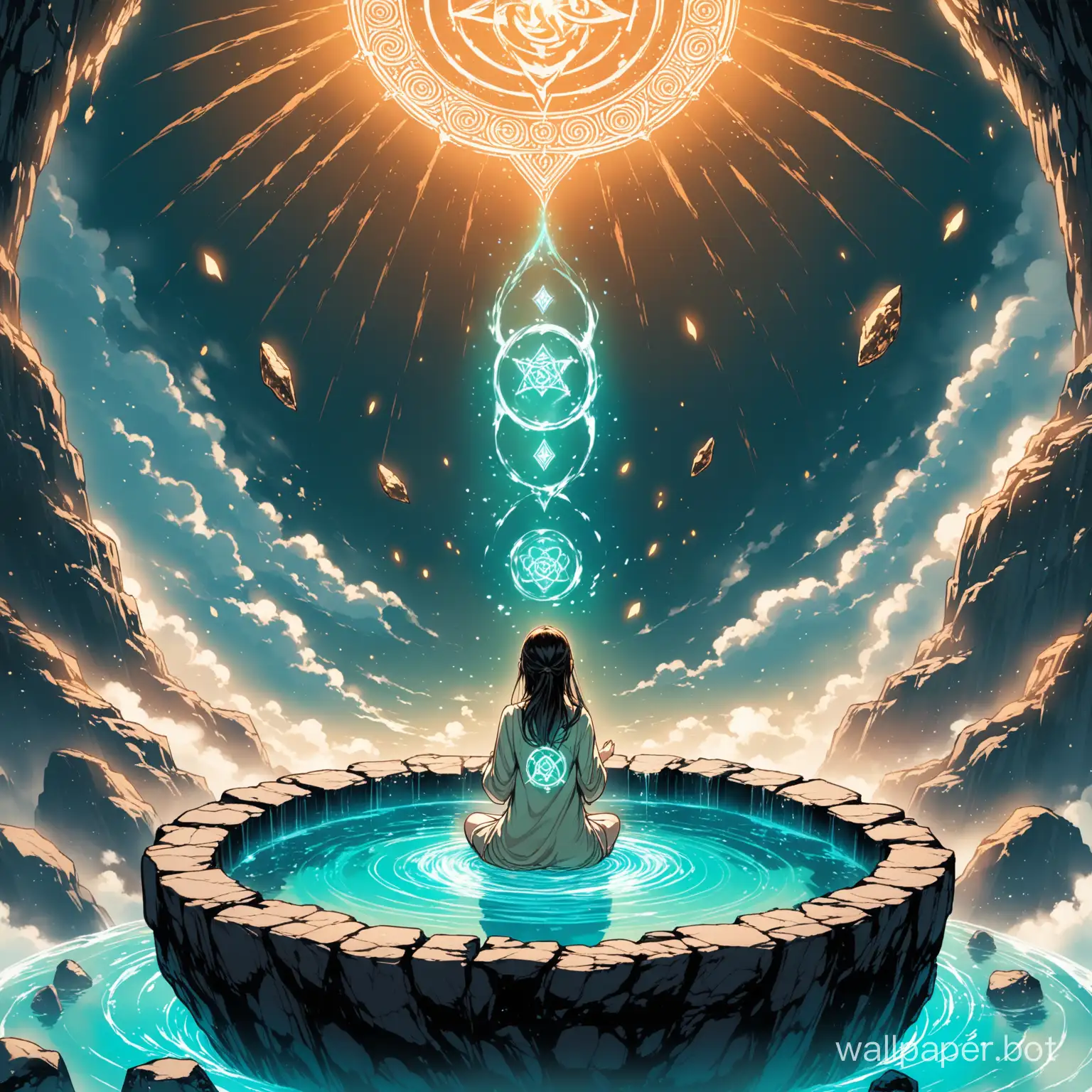 a girl sitting a make her concentrate in her ritual and there a flying ancient symbol in her around metal air water rock any element near from him suddenly appear in from of him even the air tribling becauz of the ritual



