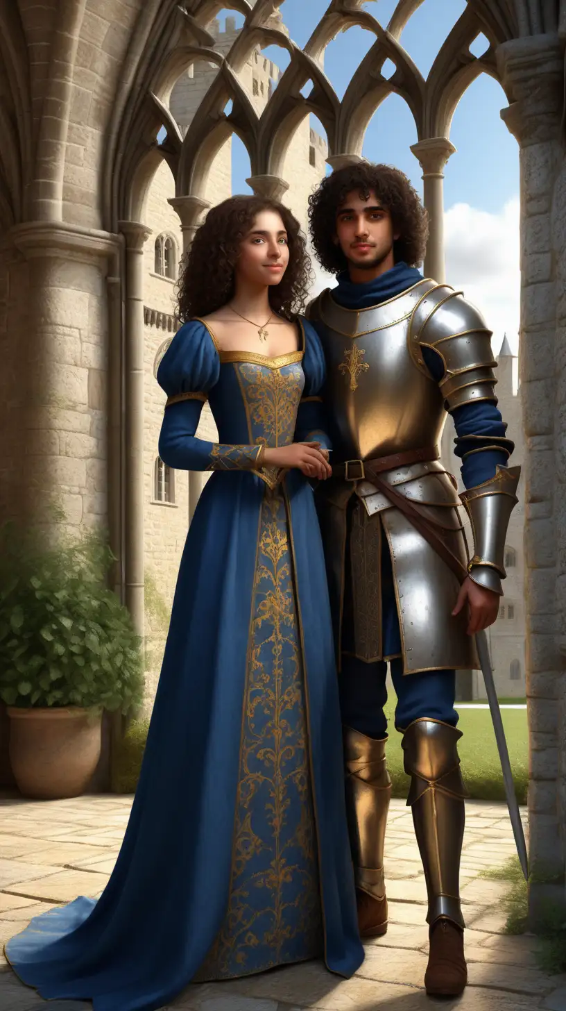  **a young Latina with curly hair and brown skin dressed in a simple blue and gold medieval dress and a handsome knight with dark curly hair, brown eyes, and olive skin taking a stroll through a beautiful medieval gothic castle. Add sunlight through the windows and plants are everywhere in the castle. 3D hyper realistic photorealistic details on skin texture
