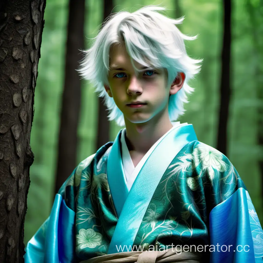 A 15-year-old cute boy with white shaggy hair and blue eyes,He's thin,he's stay in the woods, He is wearing a blue-green medieval kimono