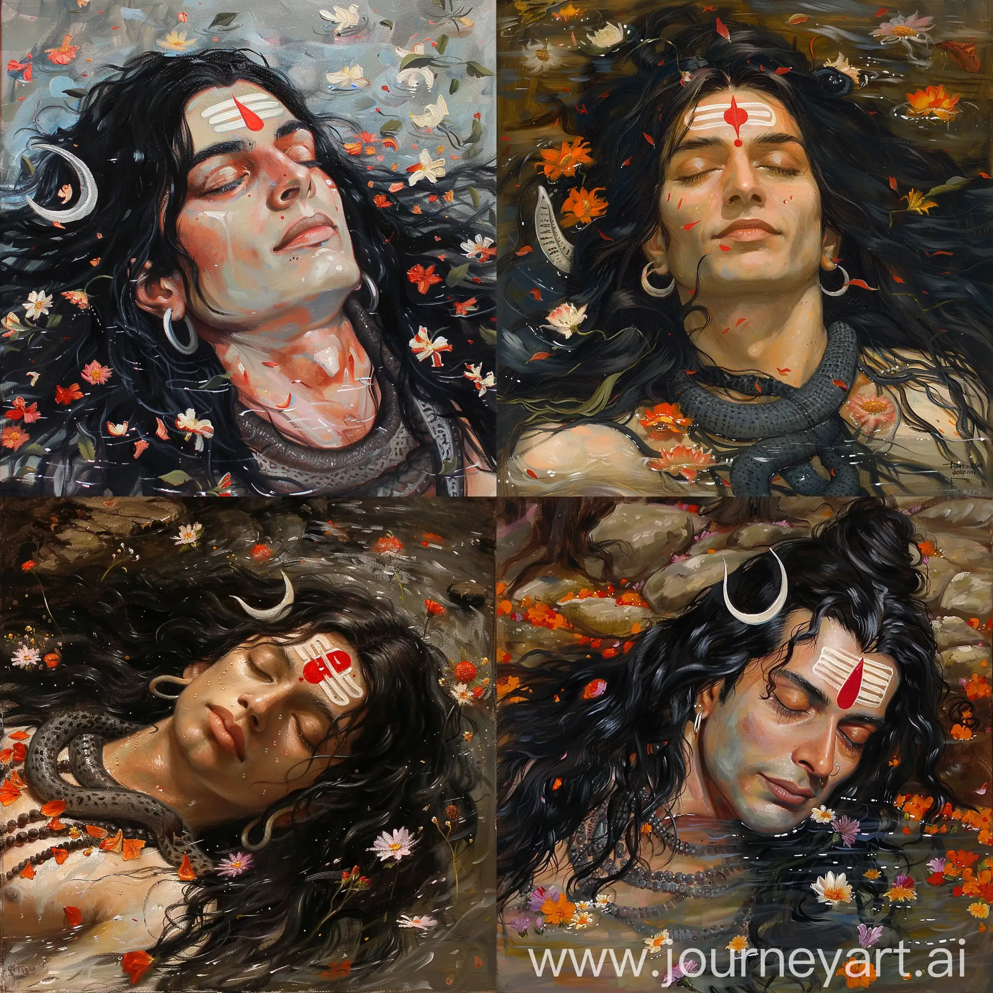 An oil painting of a Lord Shiva with long black hair and a red dot on his forehead. He is lying in a river with his eyes closed and flowers floating around him 