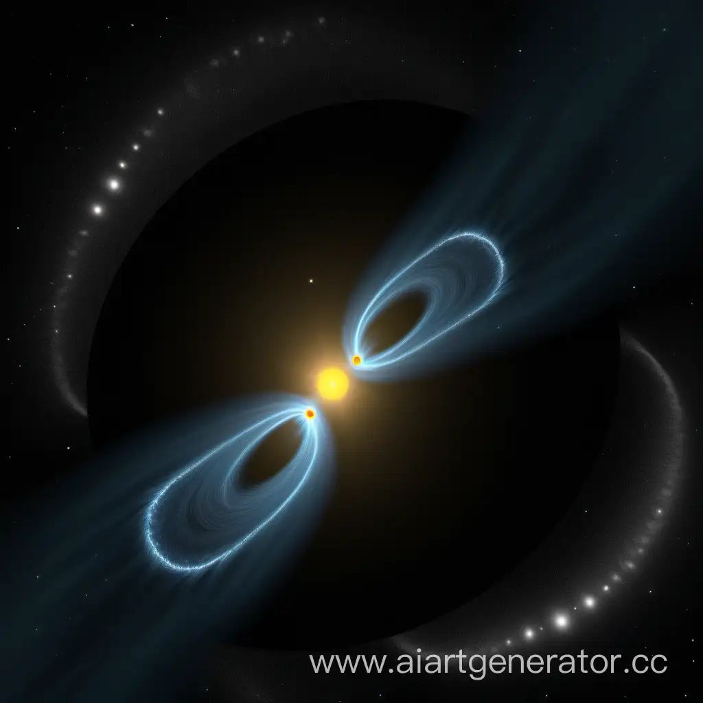 Открытая орбита кометы, когда она обращается вокруг Солнца, образует гиперболическую форму вместе с областью взаимодействия двух круговых волн. 