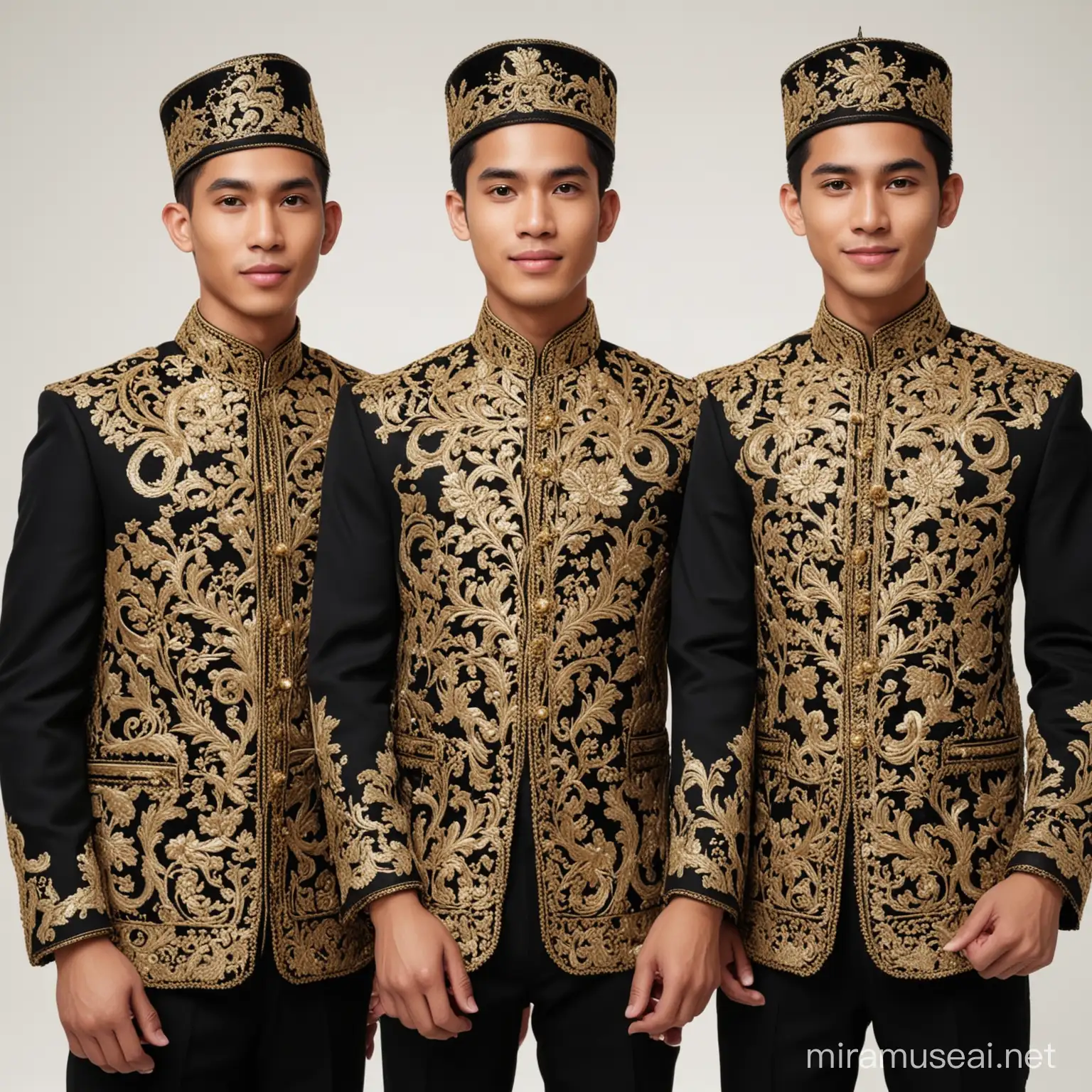 tiga pemuda ganteng ,wajah asli real indonesia, memakai baju jas hitam bordir emas, busana muslim ,baiground putih studio , realistis full body

DOWNLOAD