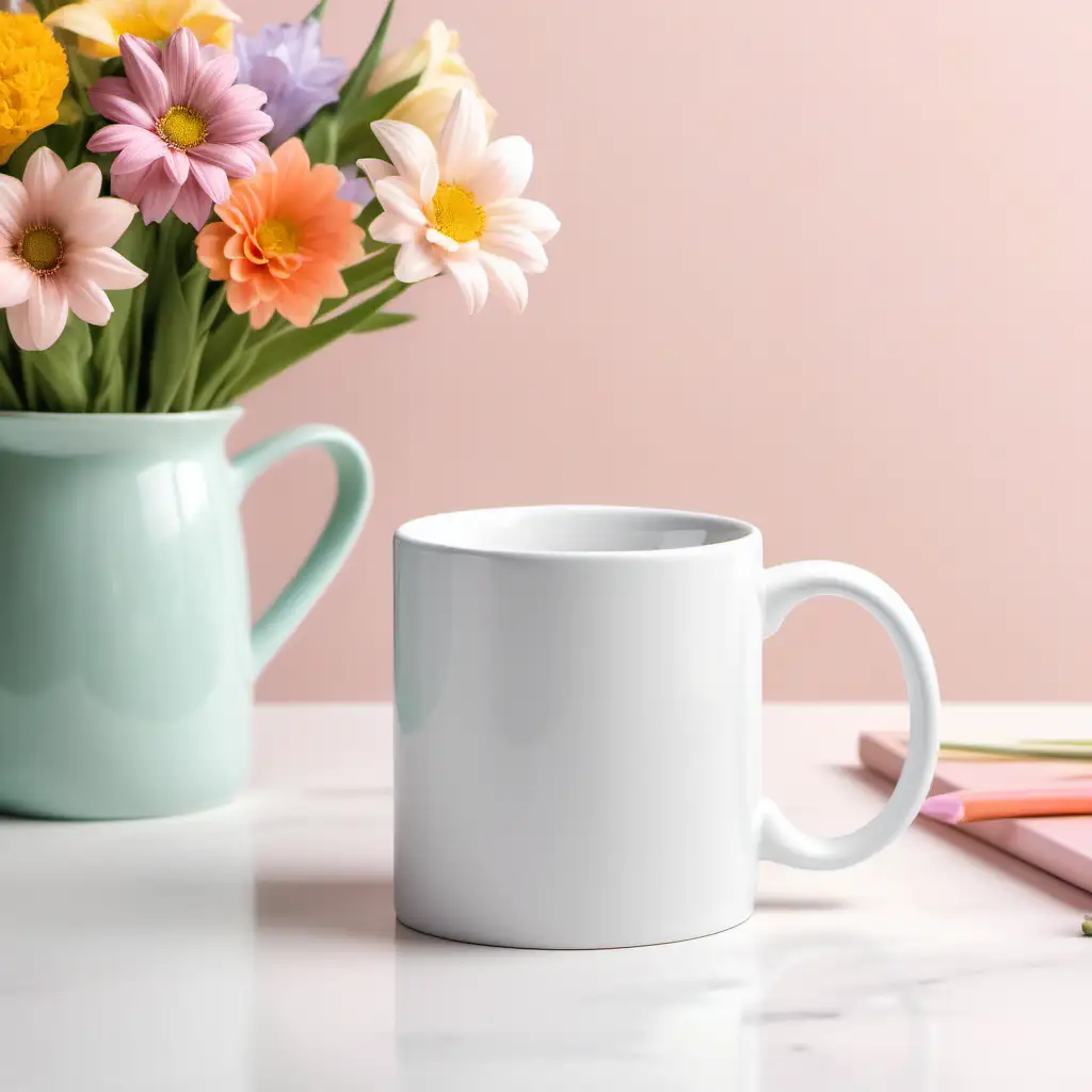 Produce a mockup of a plain white 11oz ceramic mug on a white kitchen table, with pastel spring flowers all around , colorful pastel kitchen background, The image should highlight the mug ,under soft, ambient lighting, emphasizing its sleek, design-free appearance.
The mug must not have any type of design, plain white.


