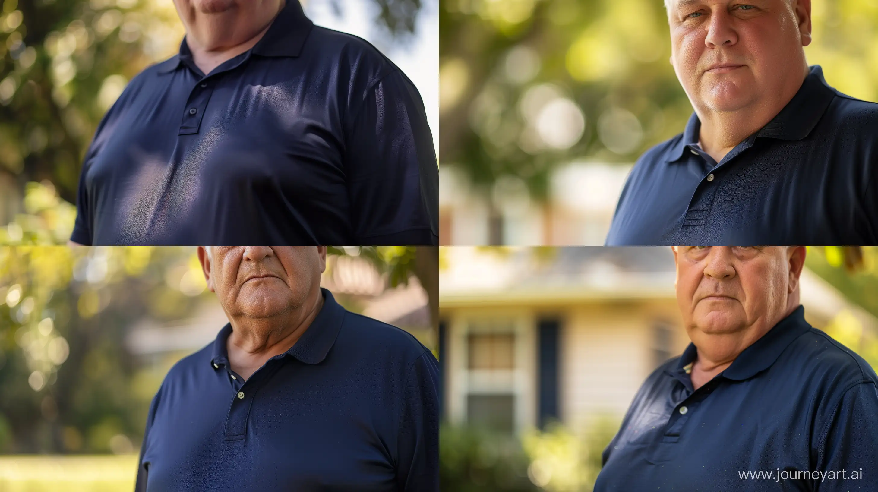 Extreme close-up photo of an obese man aged 60 wearing a silk navy polo shirt. Outside. --style raw --ar 16:9