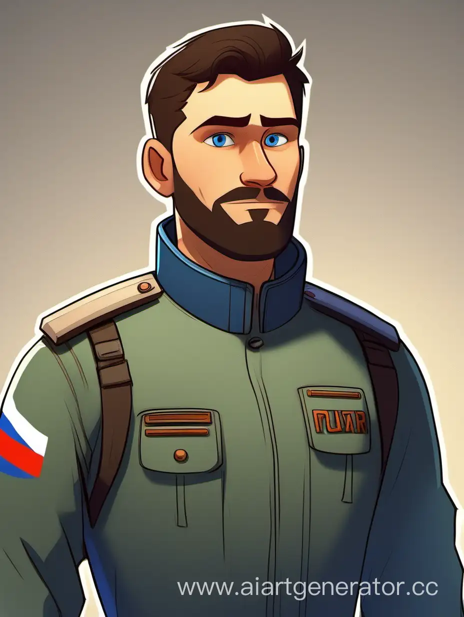 русский военный парень с короткими темными волосами, короткой бородой, голубыми глазами, спортивного телосложения в стиле pixar
