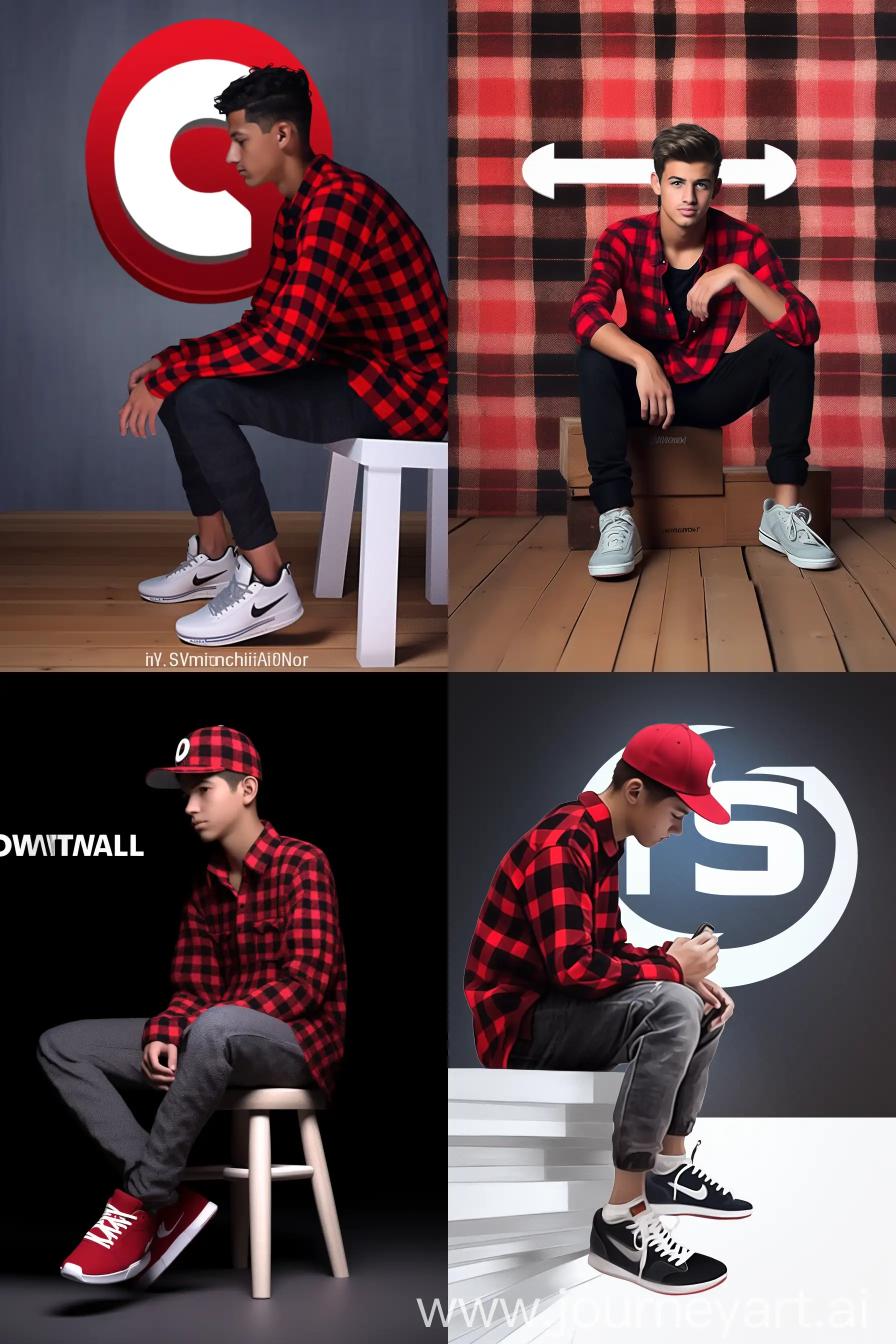 Generate a realistic image of a 27-year-old boy engrossed in coding, seated in front of a 3D ‘Instagram’ logo. Dress him in a red and black flannel shirt, black pant, jordan sneakers, and Snapback. The backdrop should showcase a social media profile with the username ‘ichwanfaithal’ and a corresponding profile picture --niji 5 --ar 2:3