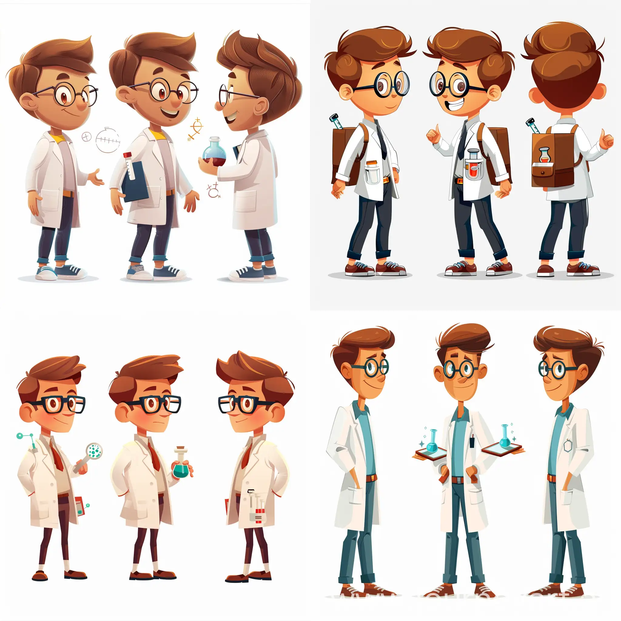 Transparent Background. Funny cartoon style character related to school. It also has science-related attributes. Present the figure in 3 positions: from the front, from the back, from the side