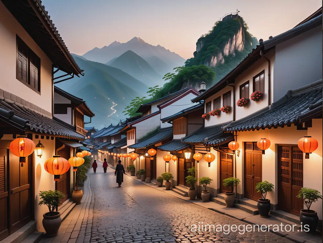 We open to a quaint village nestled in the shadow of towering mountains. The soft glow of lanterns illuminates the cobblestone streets as villagers go about their evening routines.