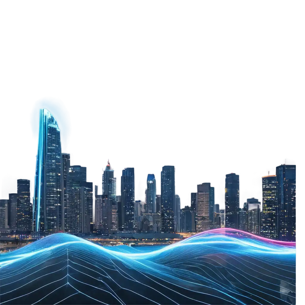 a close up of a wave of light with a city in the background, abstract art representing data, waves of lights, glowing lines, neon glowing lines, neon lights in background, particle waves, by Julian Allen, glowing tiny blue lines, neon cityscape background, by Adam Marczyński, by Jakob Gauermann, illuminated glowing lines, best on adobe stock