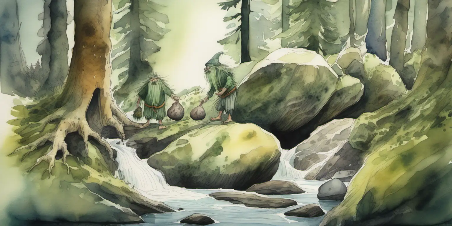 Norwegian Folklore Trolls Enchanting Watercolor in Ancient Pine Forest