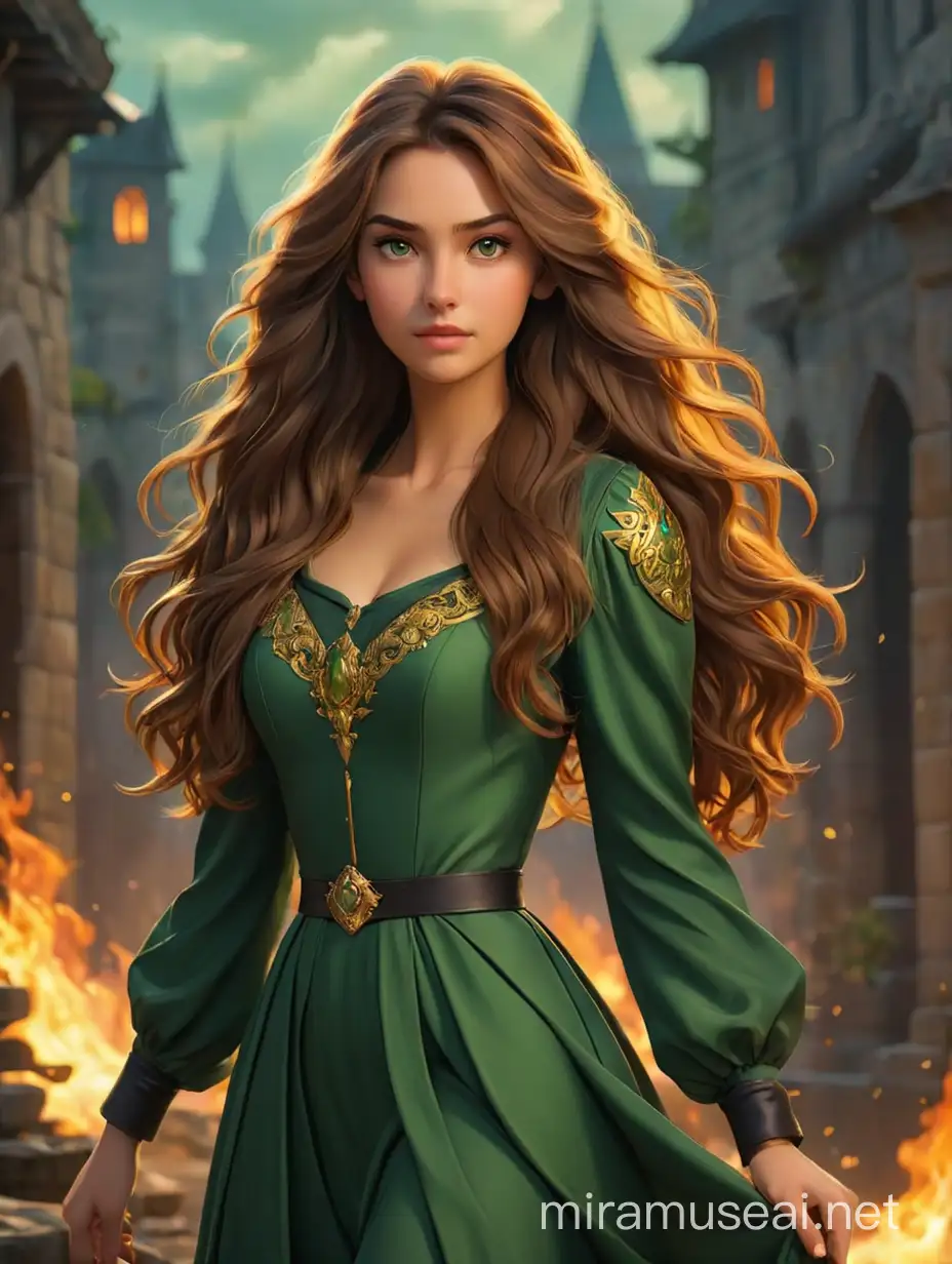 fantasy romance novel with a 20 year old lady with slightly tan skin with long brown hair and green gown with two princes in black military outfits with fire powers