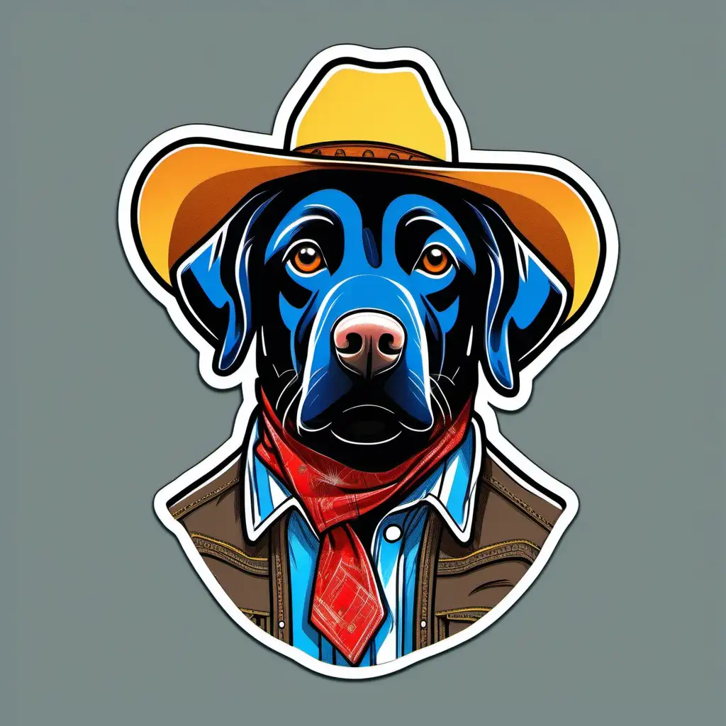 a cartoon character black labrador retriever dressed like cowboys, vibrant color, line art, like a sticker, white background, in the style of Robert Rauschenberg