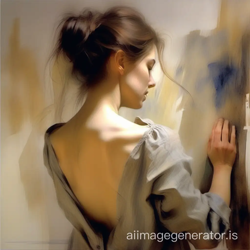 create an image of a beautiful woman turned with her back to the viewer, with loose hair, turned away with one hand caressing her neck in the style of the painter Richard Schmid oil painting