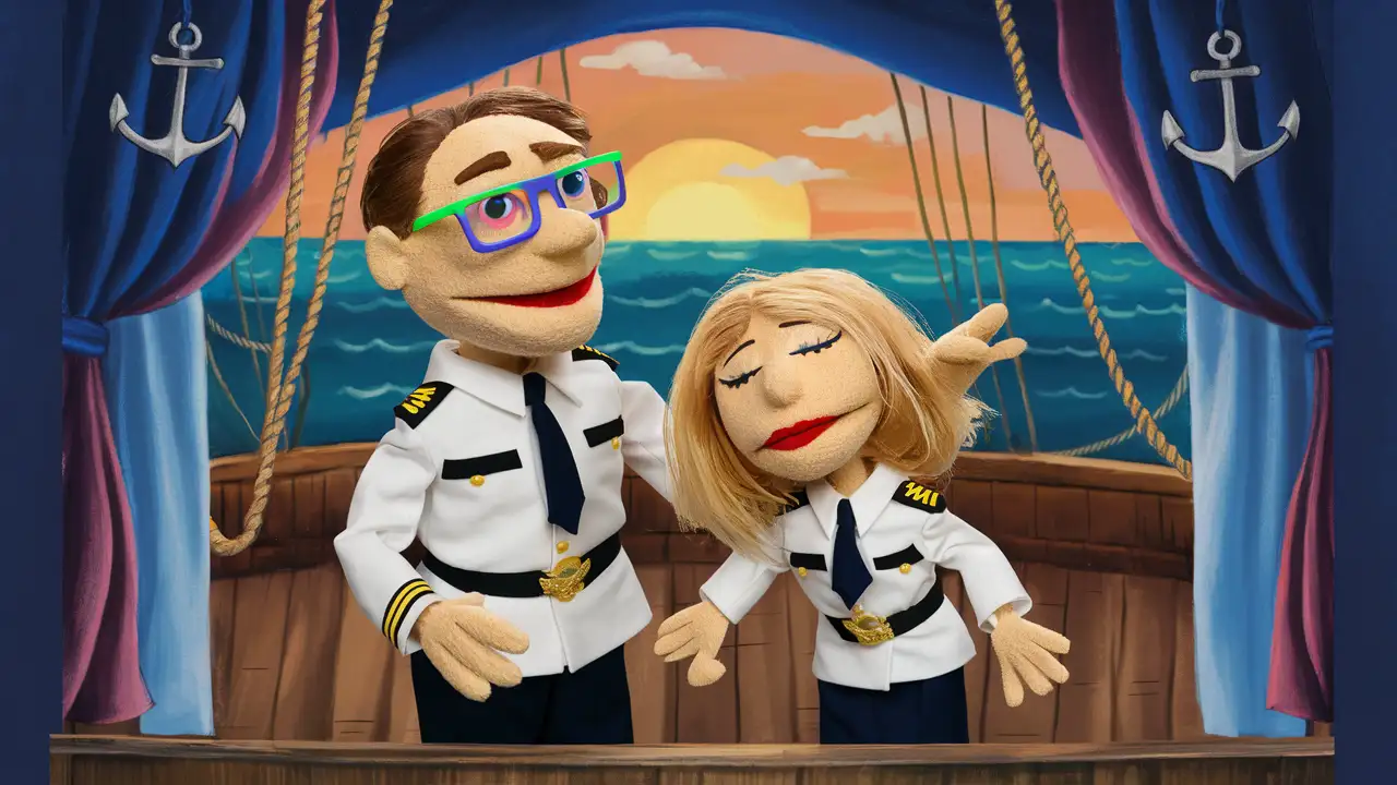 two puppets in a puppet show wearing white naval officer uniforms. One male puppet with bright coloured glasses and receding hair, the other a sleepy female puppet