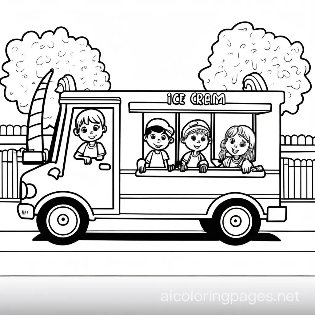 kids at ice cream truck, Coloring Page, black and white, line art, white background, Simplicity, Ample White Space. The background of the coloring page is plain white to make it easy for young children to color within the lines. The outlines of all the subjects are easy to distinguish, making it simple for kids to color without too much difficulty
