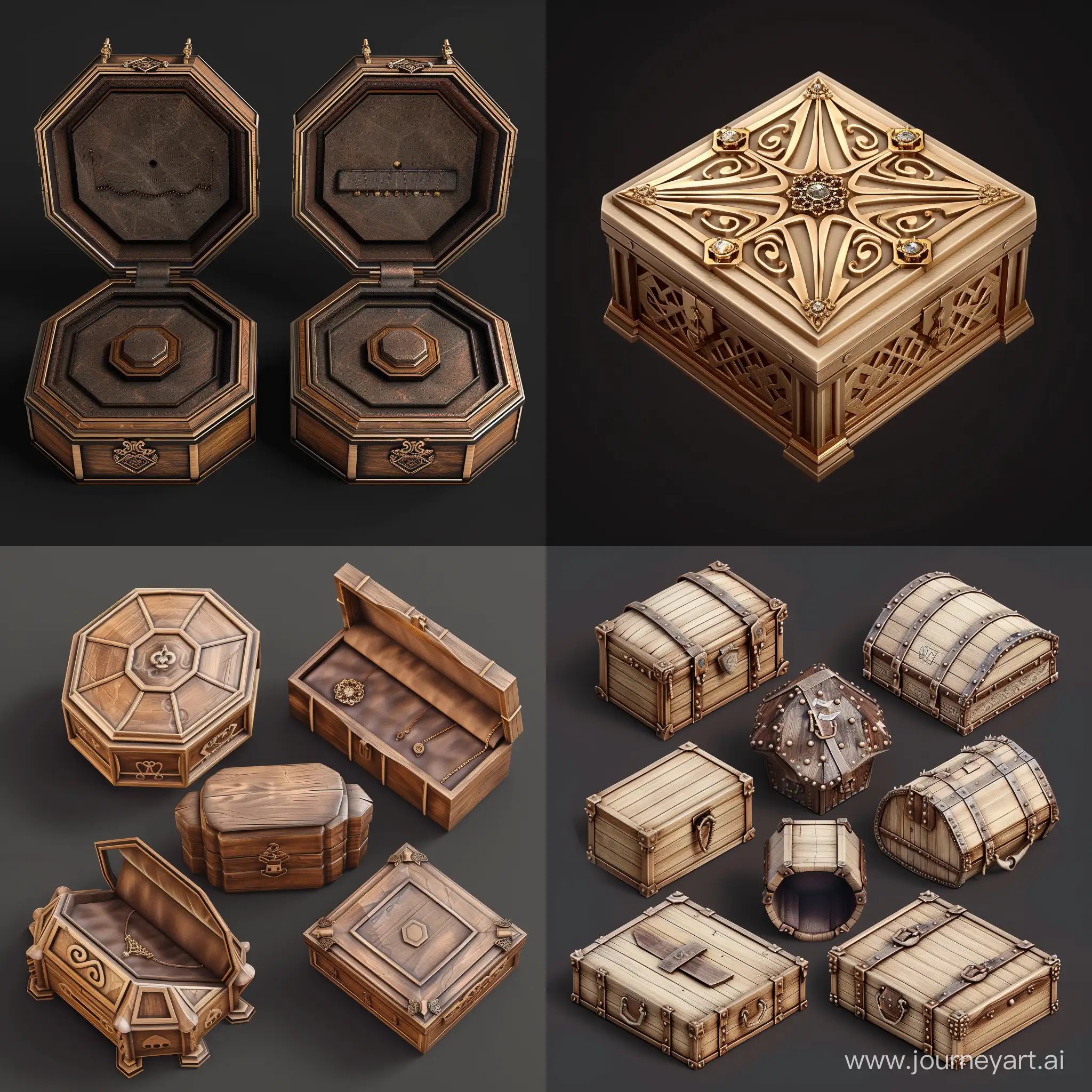 isometric realistic closed old pentagon jewelry box set, 3d render, stalker style