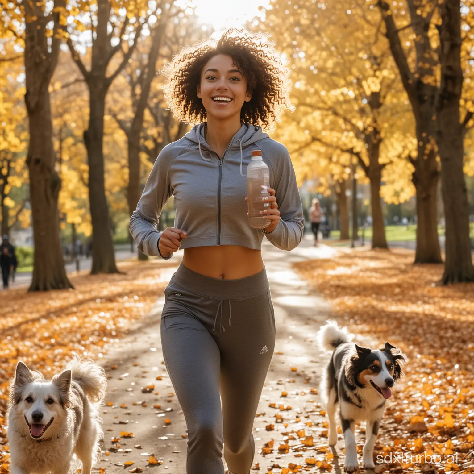A curly haired girl with an athletic body in sportswear running in a park with a dog, has an encouraging expression with sunlight added to the scene holding a water bottle in her hand, with fallen leaves on the ground and other joggers in the background