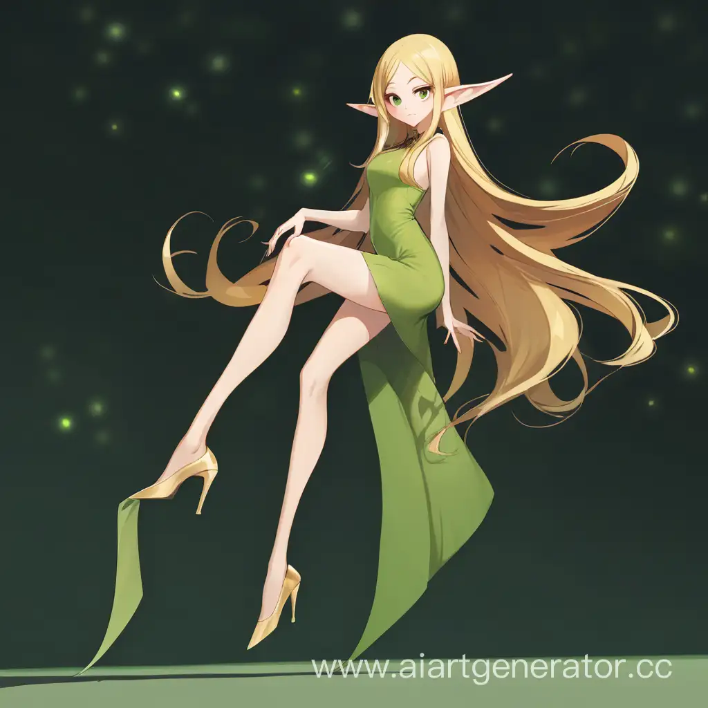 Эльфийка, длинные ноги, короткое зеленое платье, золотые волосы, длинные острые уши.