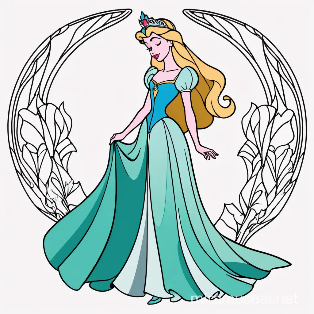 aurora from Sleeping Beauty disney, princess, full body, minimalist, vector art, colored illustration with a black outline