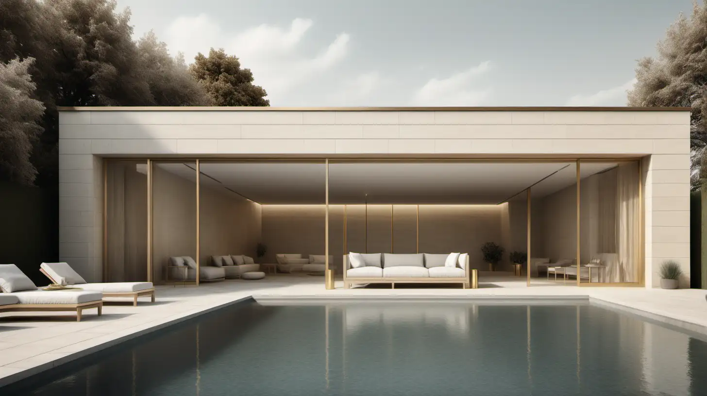 a hyperrealistic image of a classic contemporary large home minimalist hotel-style outdoor pool ; limewash walls in Bauwerk Bone; blonde oak;  brass; Large Window;