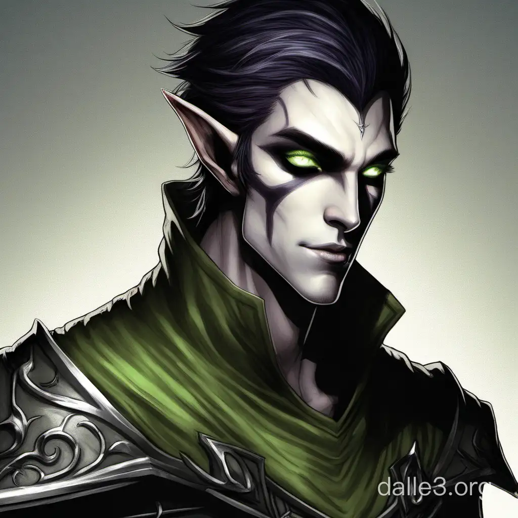 Тёмный Эльф мужчина 20 лет с серой кожей,  короткими тёмно-коричневыми волосами и светло-зелёными глазами 
