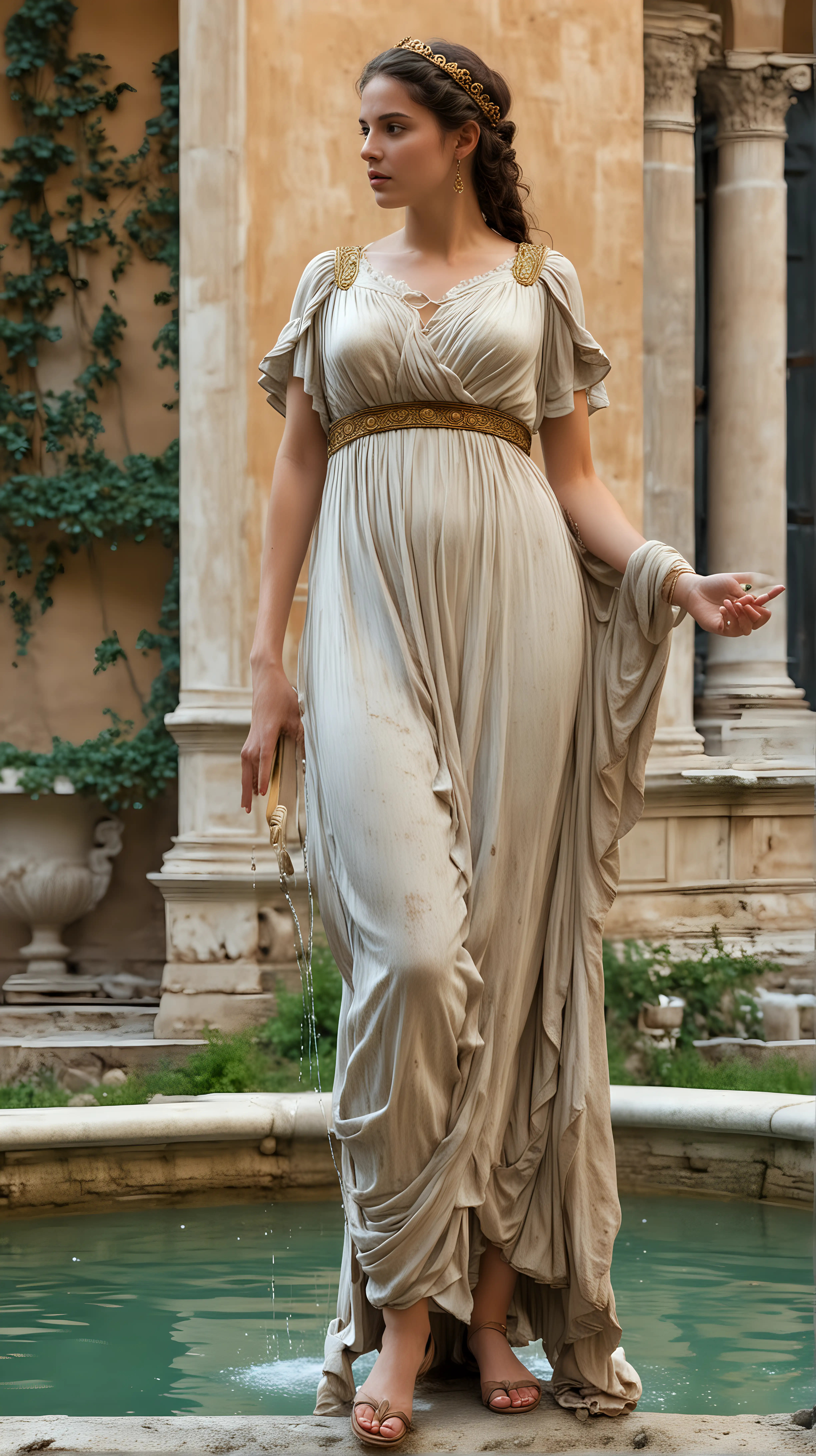 20 year old female ancient Rome aristocrat, fountain, villa