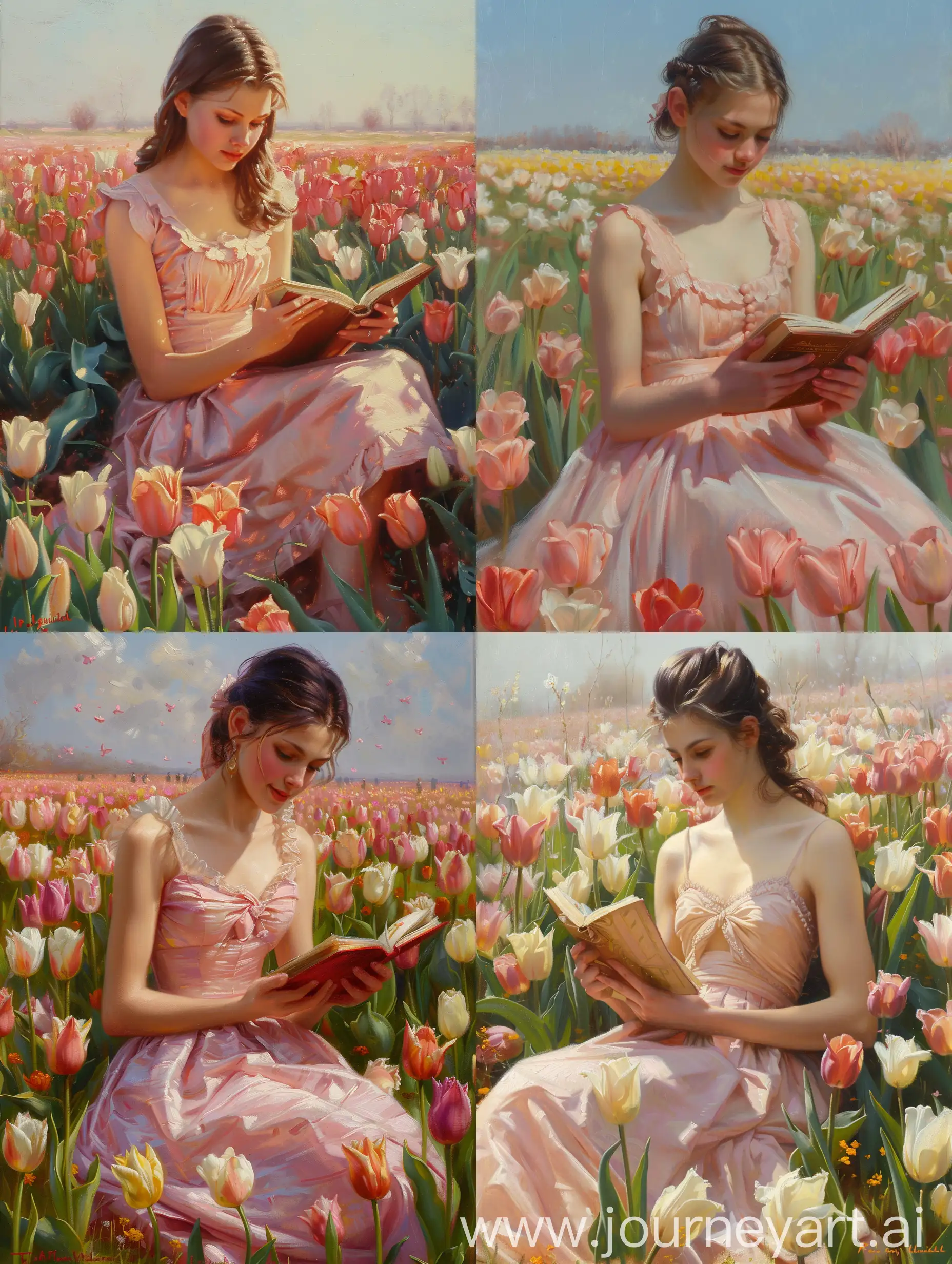 Rococo-Style-Portrait-of-Young-Woman-Reading-Among-Tulips