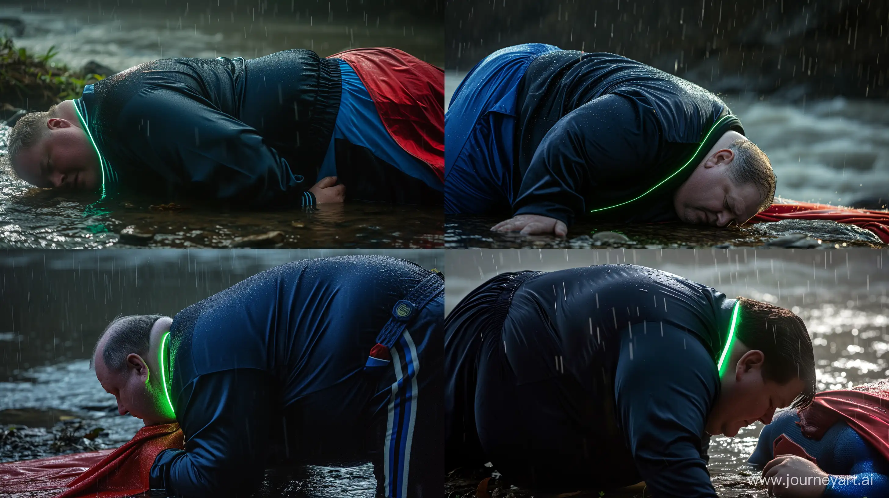 Close-up photo of an overweight man aged 60 wearing a navy silk black tracksuit with a blue stripe on the pants. Bending behind and tightening a tight green glowing neon dog collar on the nape of a fat man aged 60 wearing a tight blue 1978 smooth superman costume with a red cape lying in the rain. Natural Light. River. --style raw --ar 16:9