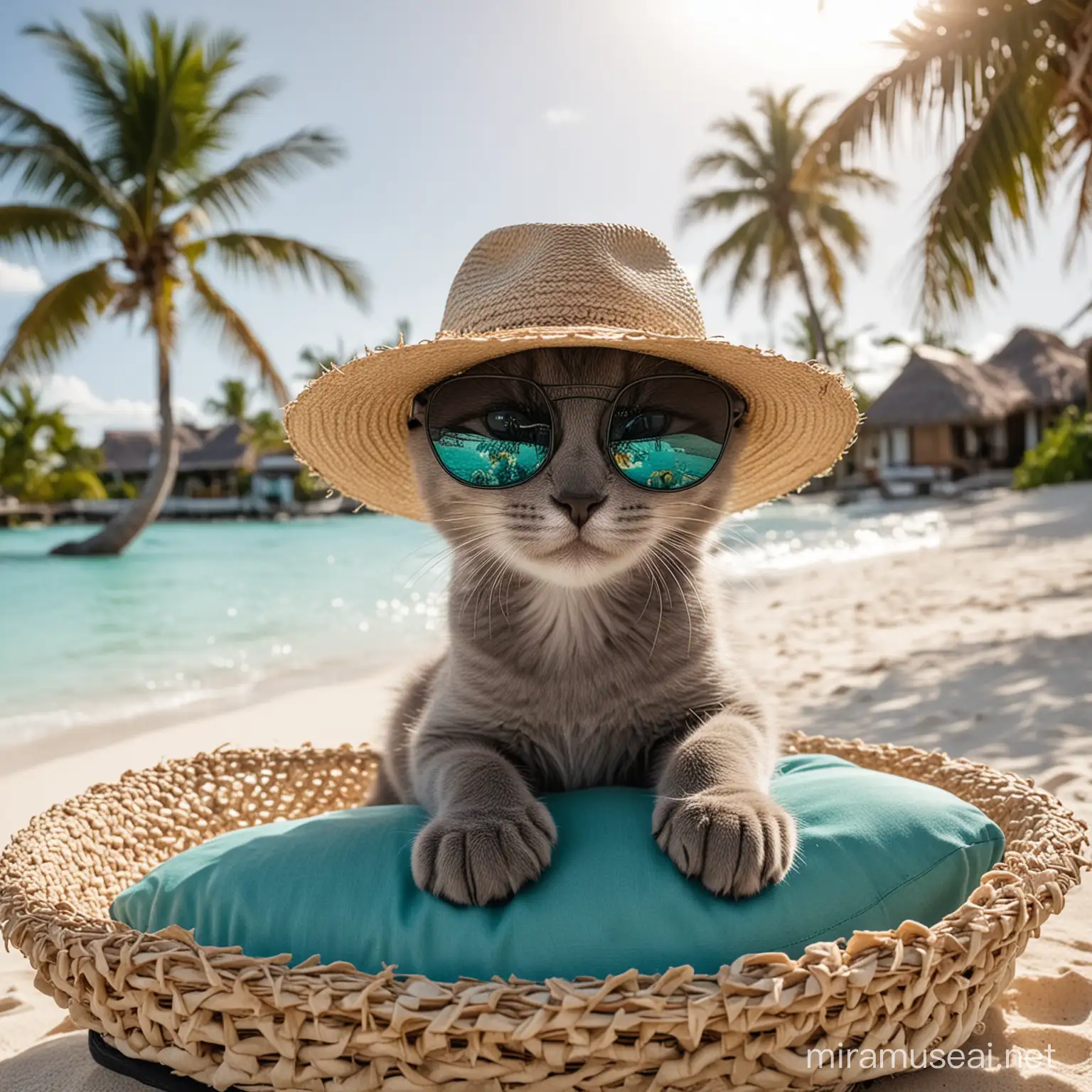 котенок темно серого цвета бурманской породы в соломенной шляпе на морде у котенка солнцезащитные очки с линзами черного цвета на очках написано WMW 

котёнок лежит на райском пляже на шезлонге на мальдивах вокруг него идеальный белый песок вокруг него море и волны бирюзового цвета вокруг него пальмы 

на фоне шикарный невероятный лучший отель на мальдивах 