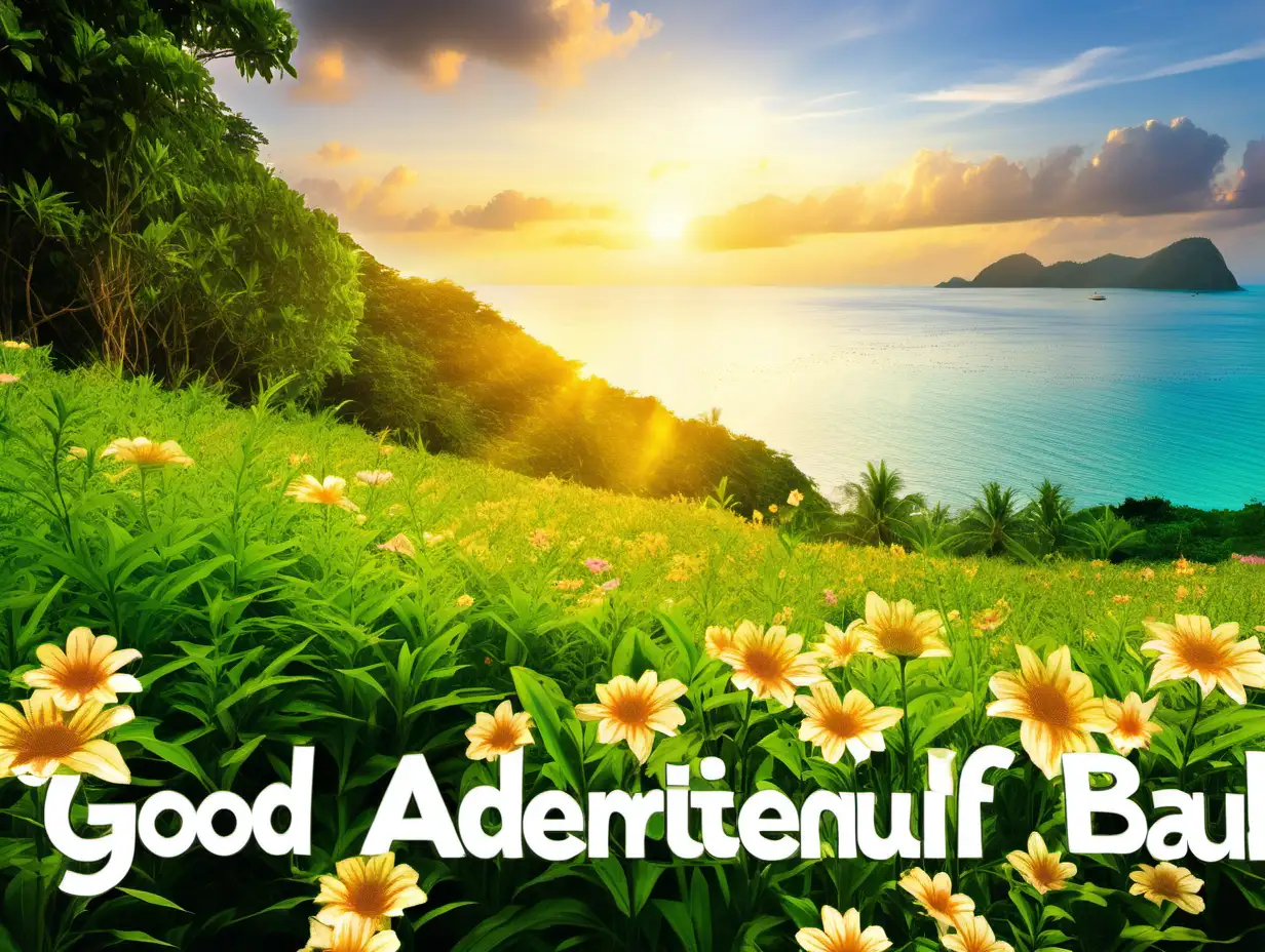 sunny greenary scenery in philipines , showing sun rise, sea, flowers, with slogan "GOOD AFTERNOON BEAUTIFUL " clearly written at the top center of the image , adhere closely to all above wordingsand description
