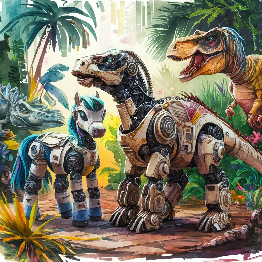 A painting of two robotic ponies and dinosaurs , watercolor, hawaian paradise, detailed, Bruno Amadio style, G. Bragolin style
