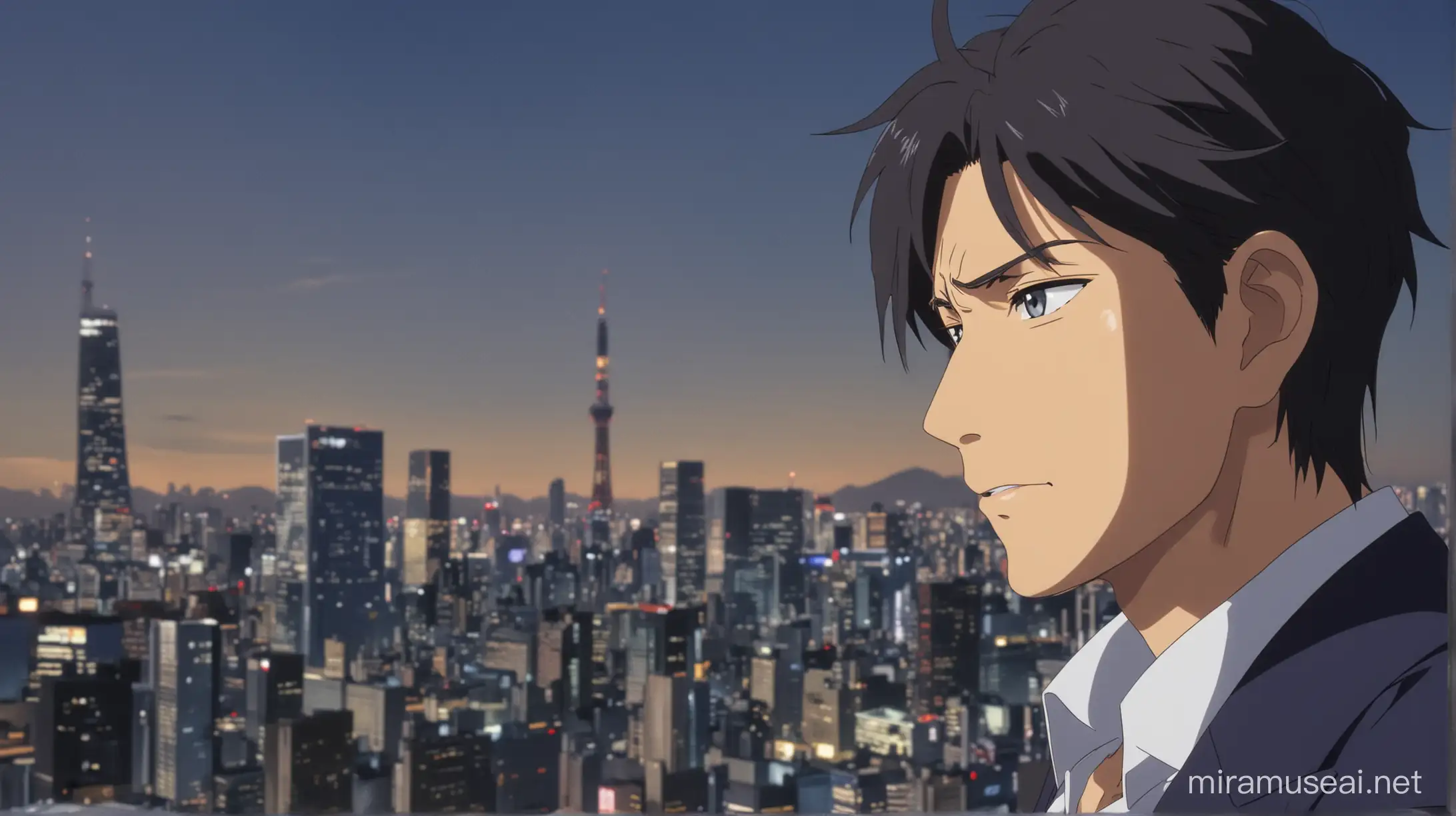 Anime, Tokyo older Business man Kaito, standing on a rooftop, gazing out at the Tokyo Skyline.
Show close-up shots of Kaito's troubled expression as he contemplates the uncertain future.
