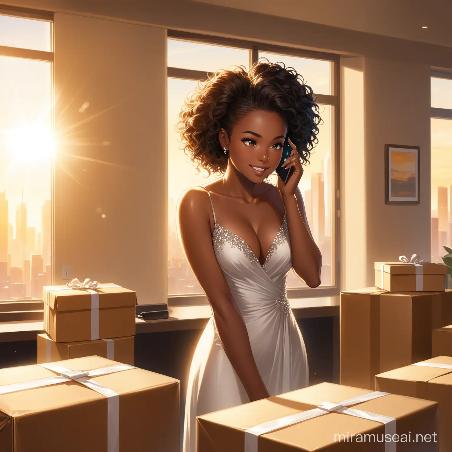 Elegant Black Woman Packing Gifts in Luxurious Suite