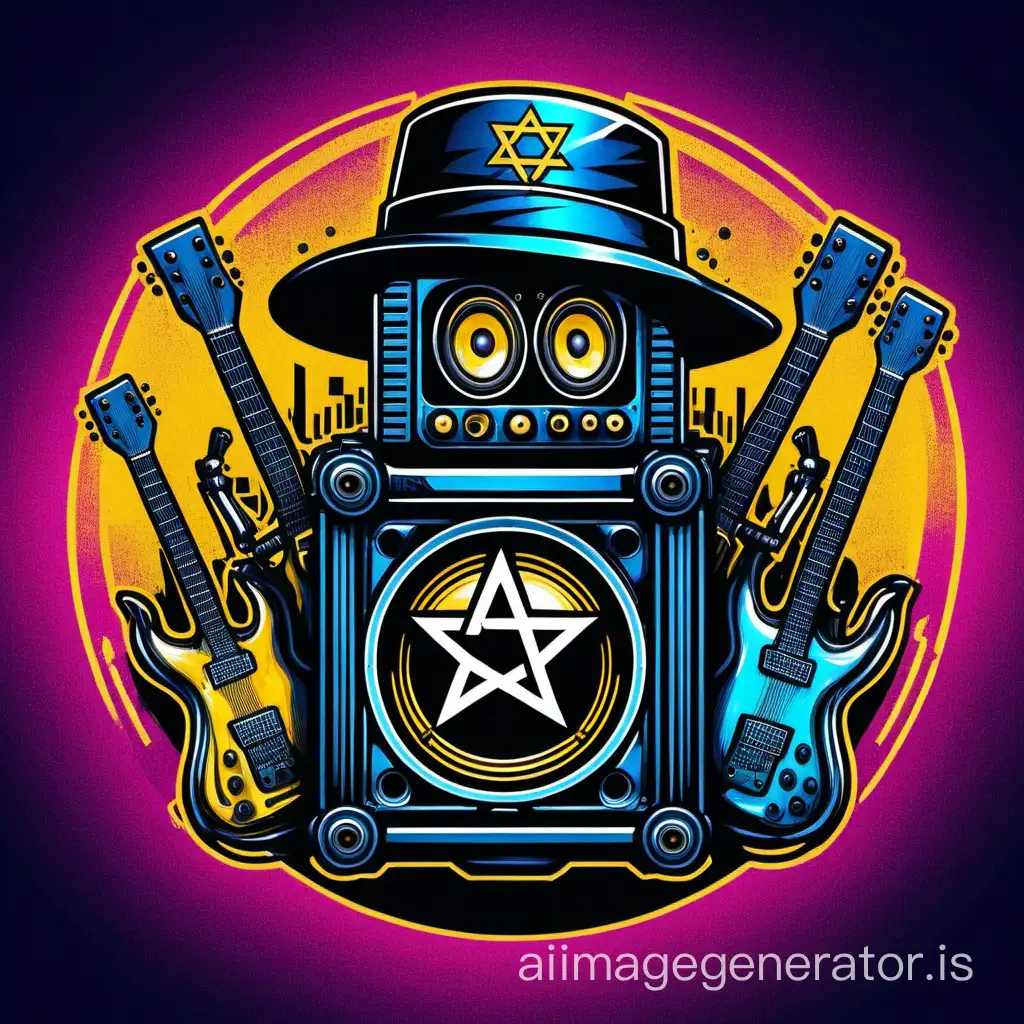 logo in cyberpunk style. sound speaker with guitar wearing sidelocks and Jewish hat