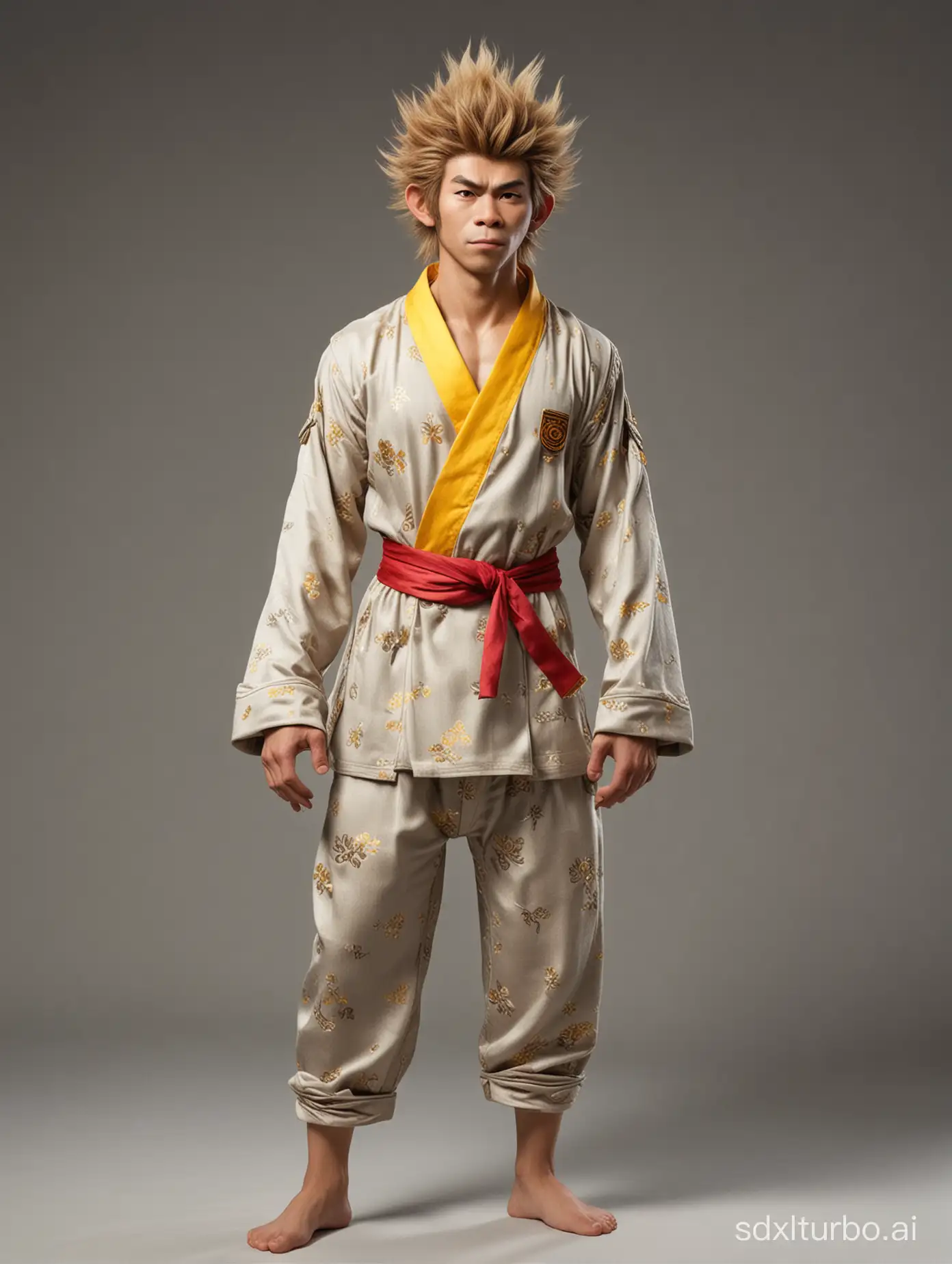 Sun Wukong is wearing pajamas, standing lazily in military posture, wearing slippers, with both arms vertically attached to the body, hands empty, appearing rather lazy, with a tuft of hair standing on top of his head;
For a modern version of Sun Wukong, a bit of contemporary vibe can be added; youthful and energetic