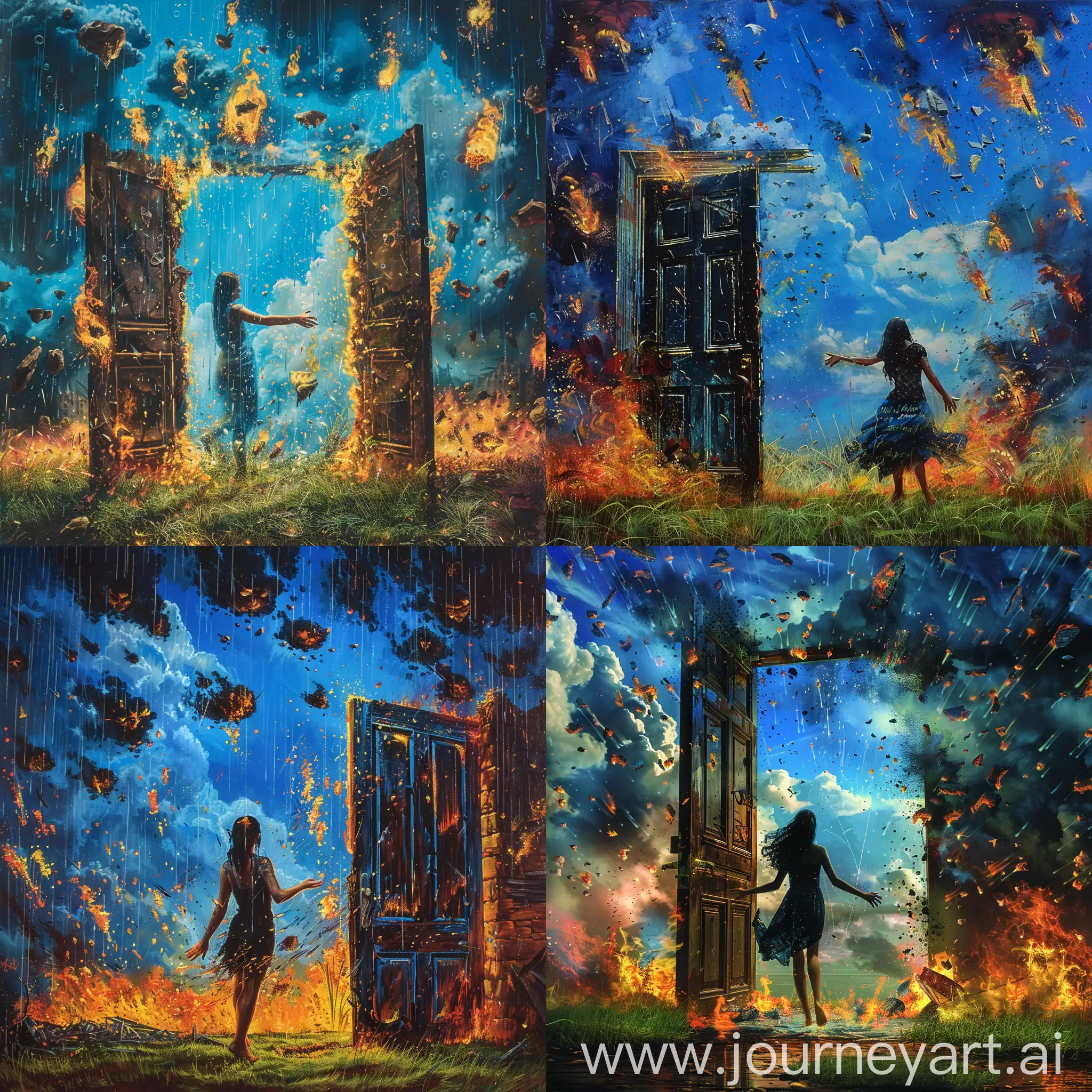 Woman-in-Black-Extends-Hand-through-Doorway-Amidst-Ruins-and-Flames