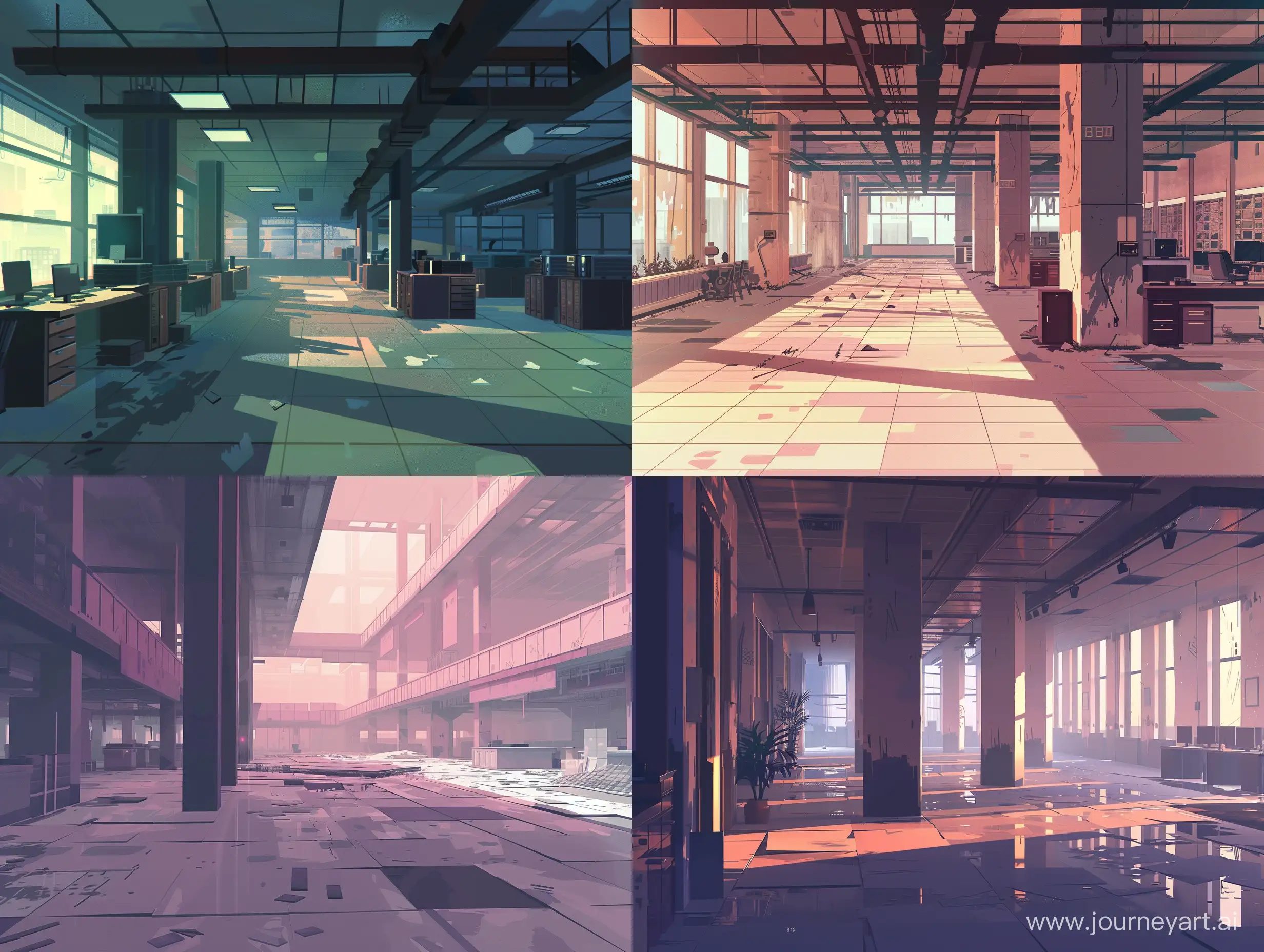 2d platformer, side view. 2d game of sprites drawn by Matt painting. floors, large scale, like an inside game. The genre is a post-apocalypse quest. The location is a large office space, an abandoned office. brutalist architecture. a gloomy post-apocalyptic atmosphere. the twilight. contrast and expressive textures pale shades, 8K, photorealism, unreal engine