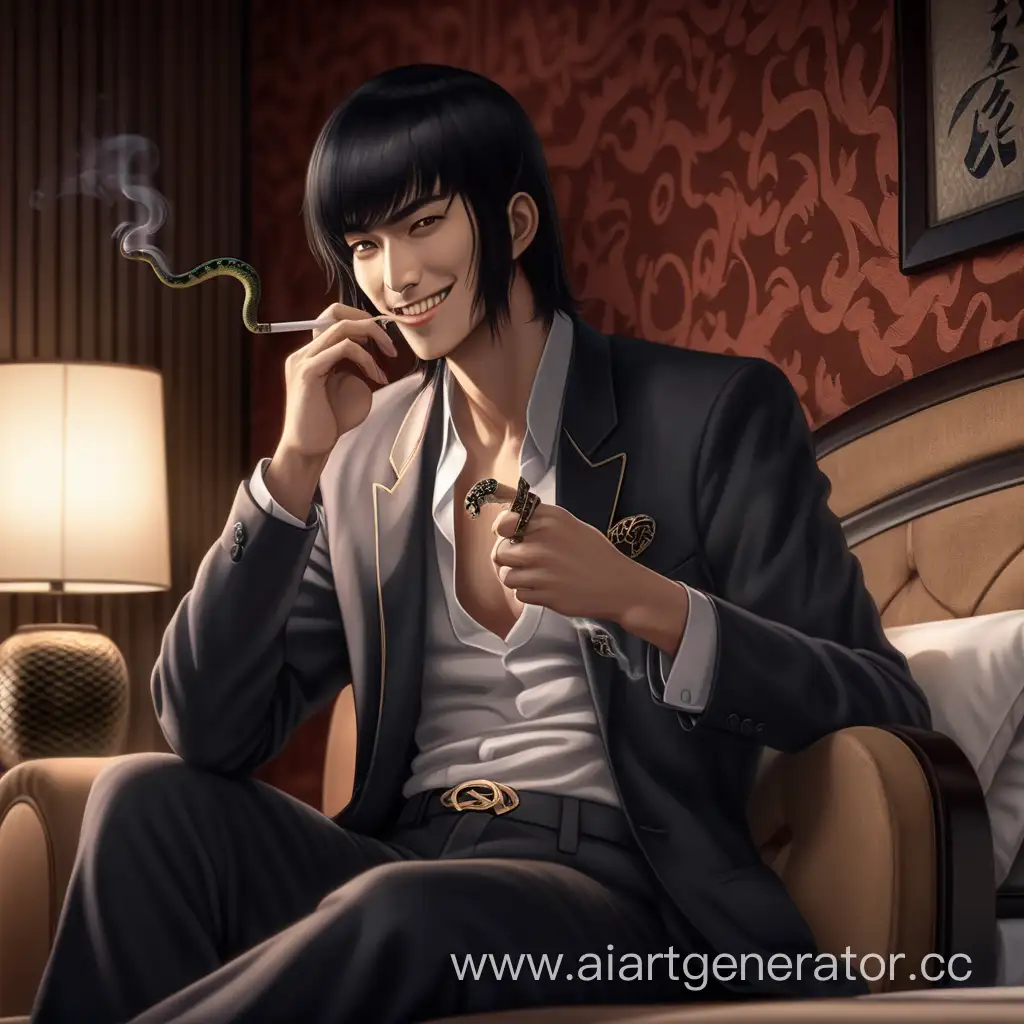 Китайский молодой мафиози со змеиными чертами, чёрноволосый, маньячный взгляд и улыбка, сидит в гостиничном номере и курит. #аниме #4k #realistic #horor довольный