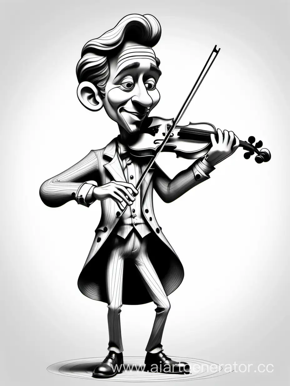 Скрипач мужчина, черно-белый цвет, карикатура, рисунок карандашом, тонкие контурные линии, мультипликационный персонаж, мультик
